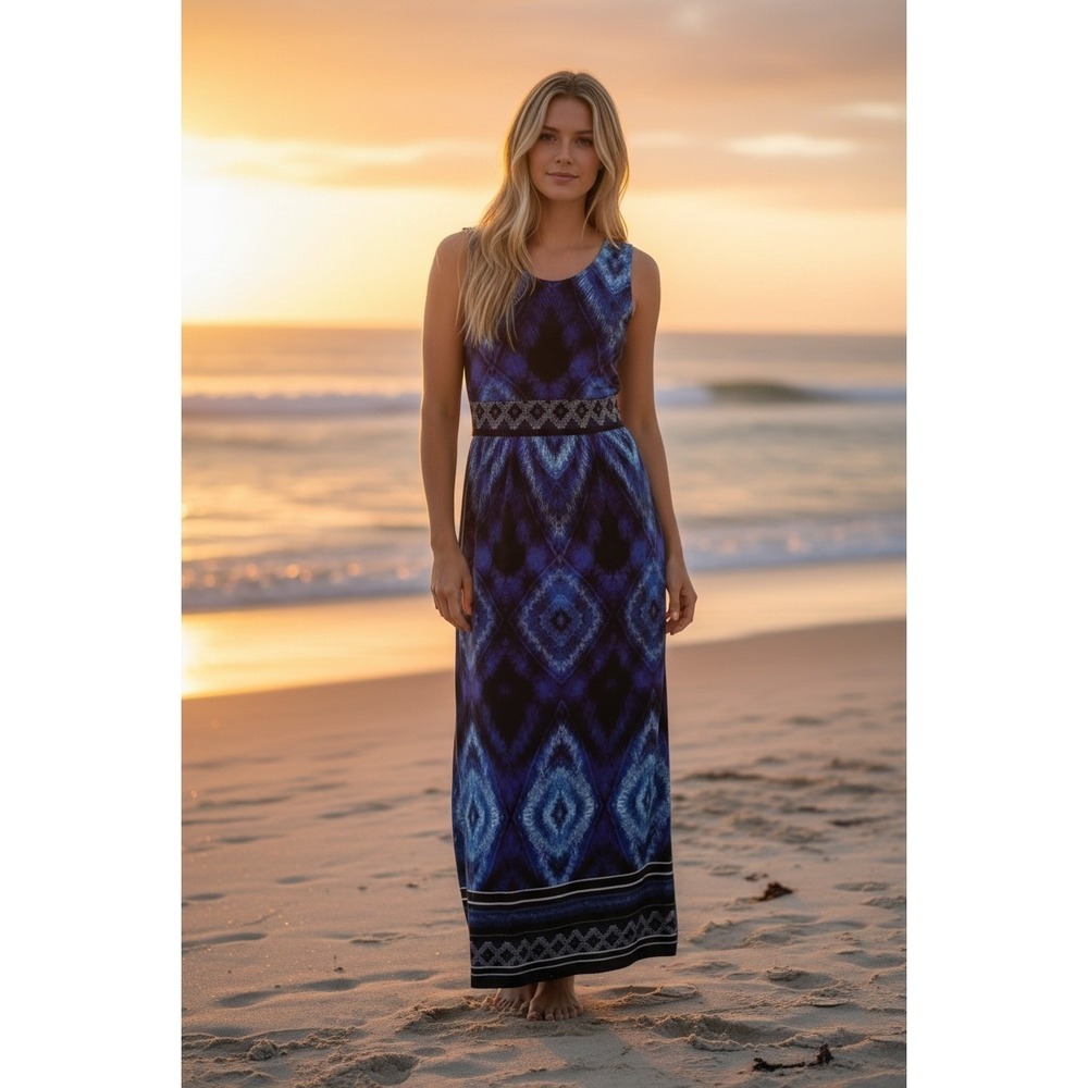 W.Lane Maxi Dress Womens US Small (8) Blue Diamond Print Summer Vacation Boho